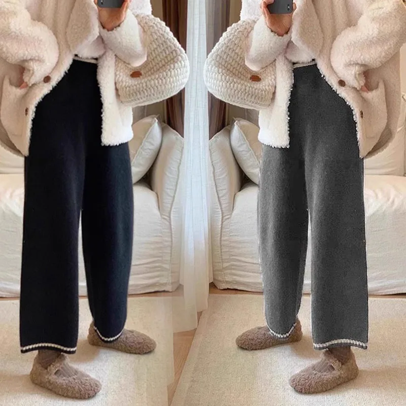 

Maternity Pants Autumn/Winter Knitted Color-Block Straight Wide-Leg Trousers Casual Petite Ankle-Length Bottoms Pregnancy Women