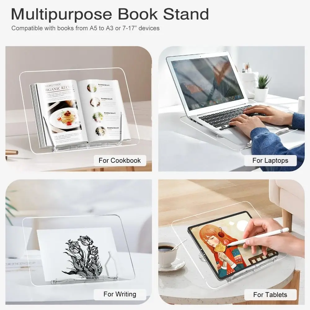 Portable Acrylic Book Stand Foldable Design Angle Adjustable Reading Bookshelf Easy Use Book Holder Support Reading Aid