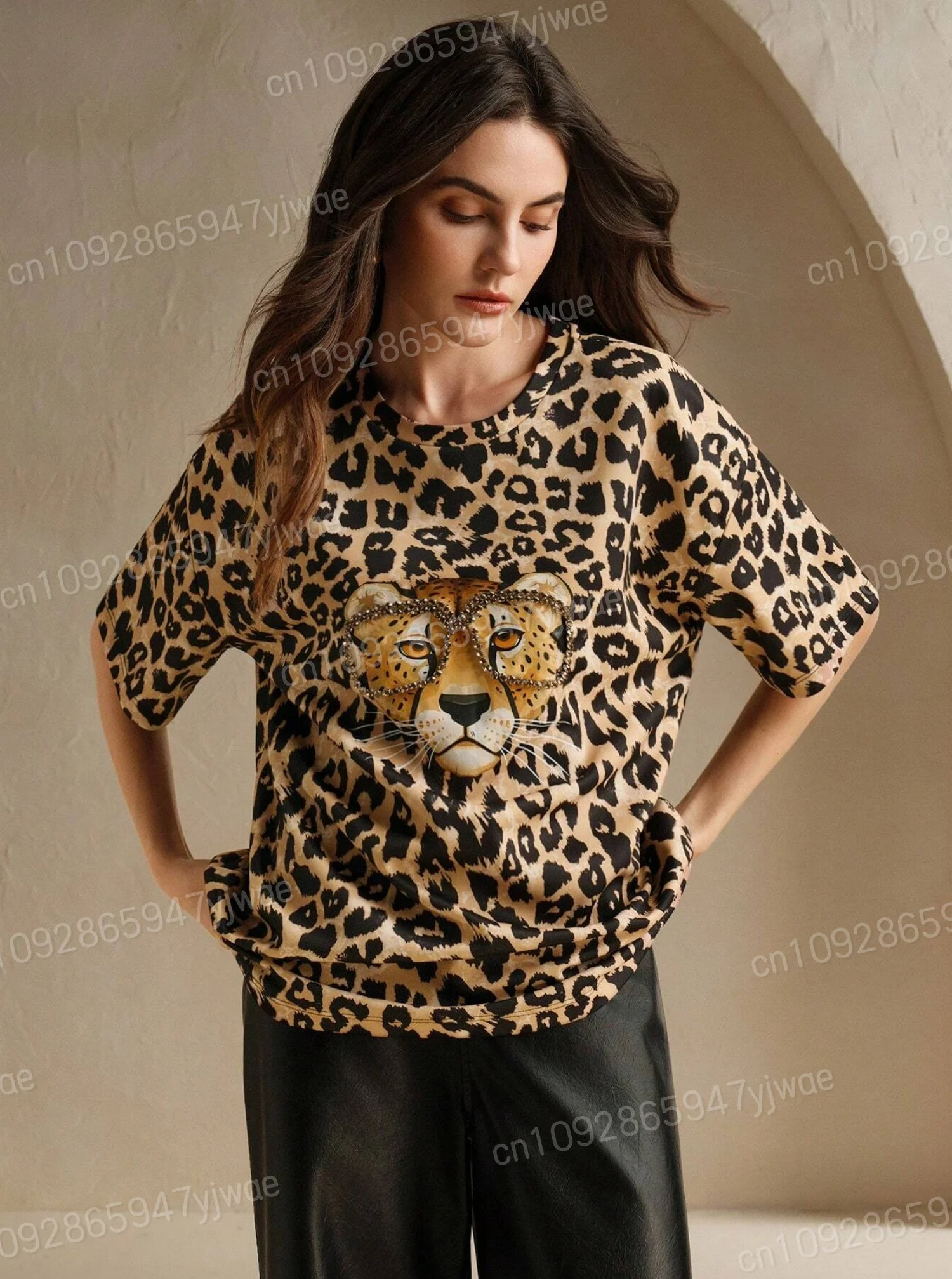 

Летняя женская модная футболка с леопардовым принтом гепарда и круглым вырезом с коротким рукавом, летняя футболка, бейсбольные майки, спортивная футболка большого размера