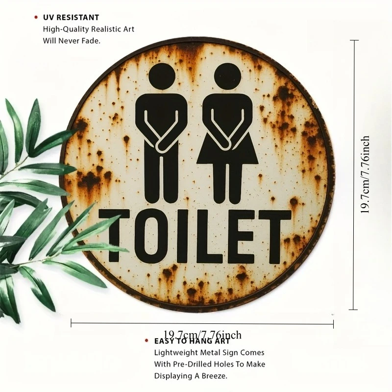 Vintage Rustic Distressed Toilet Restroom Sign Funny Minimal Graphic Retro 2D Flat Round Metal Tin Sign Wall Art Plaque For Home