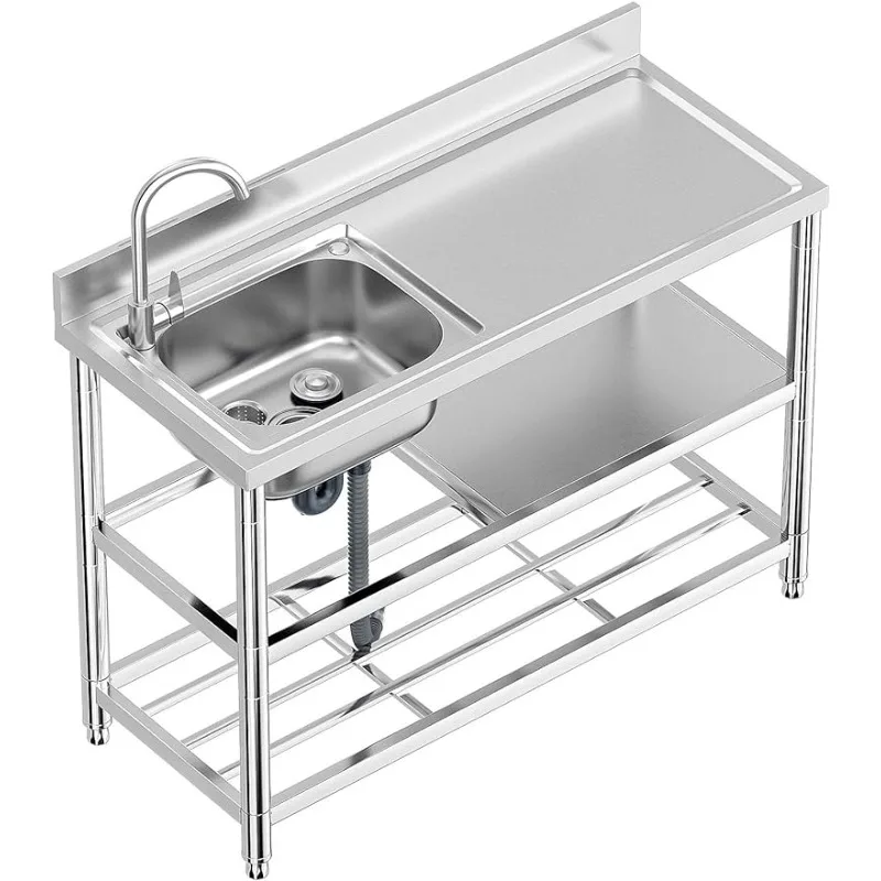 

Free Standing Stainless-Steel Single Bowl Commercial Restaurant Kitchen Sink Set w/Faucet & Drainboard, Prep (47in)