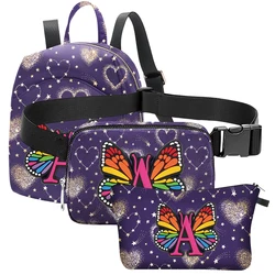 Borboleta Carta Imprimir Mochila Escolar Set para Crianças, Cute Teenage Casual Mochila, Saco de Peito, Maquiagem, 3pcs