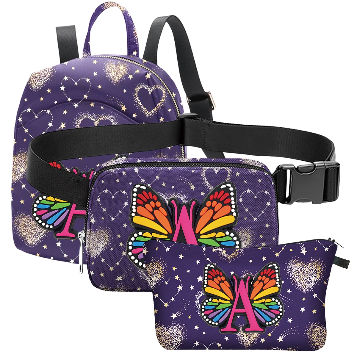 3PCS Butterfly Letter Print  School Backpack Set Cute Teenage Casual Kids School Backpack,Chest Bag ,Makeup Bag