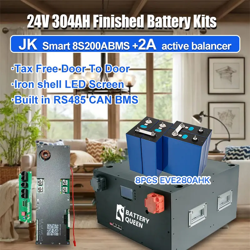 Lifepo4 24V 280AH 304AH Finished Battery Pack JK Smart 200A BMS Lithium Rechargeable Battery Home Solar RV EV Free Duty