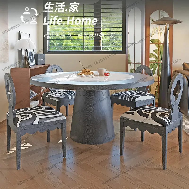 yj58 French medieval solid wood round table with turntable light luxury high sense modern simplicity