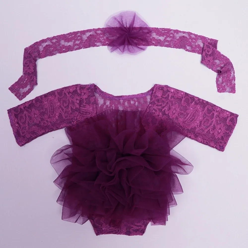 

Новый милый кружевной комбинезон для новорожденных с повязкой на голову, пышной сетчатой кружевной юбкой, комплект для фотосессии