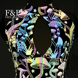 Handmade Plus Size Women Rainbow Reflective Mushroom Sexy Cut Out Open Bust Halter Top Burning Man Rave Festival Clothes