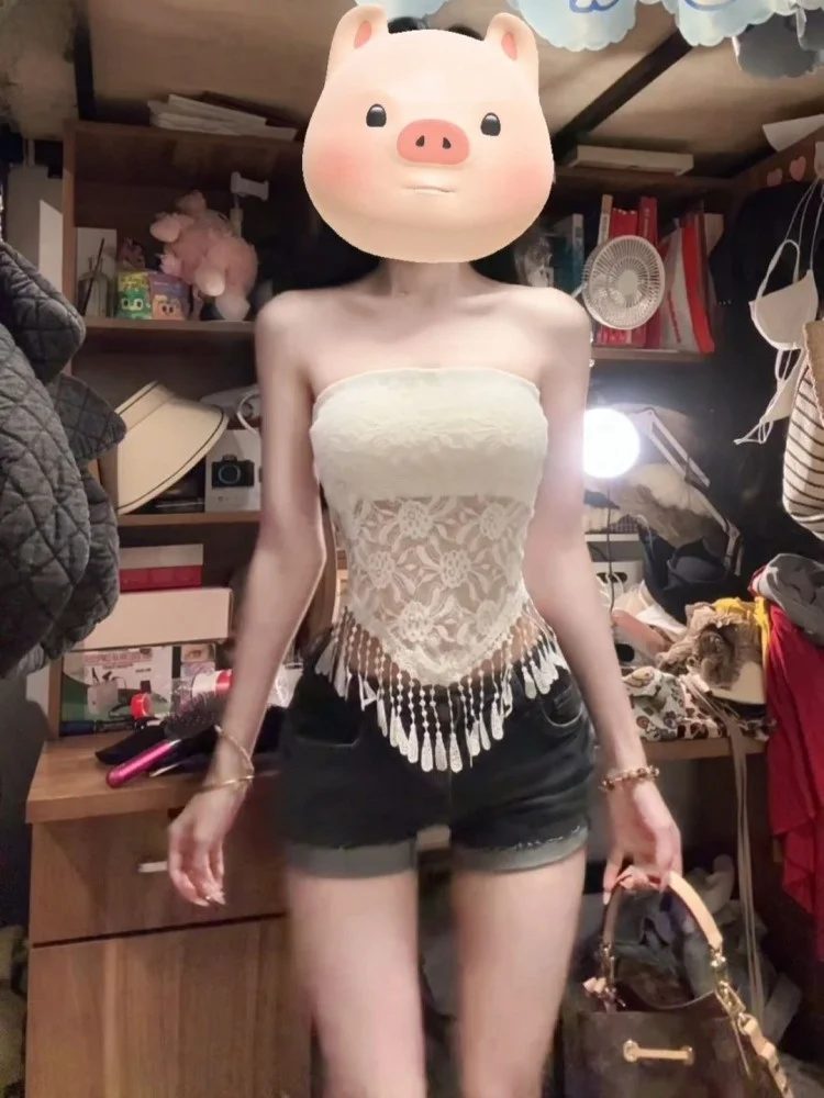 

Sexy American Hot Girl Tassel Design Strap Vest Women Summer Slimming ort Crop Top BM Sle Inner Wear Pure Color Casual Wear