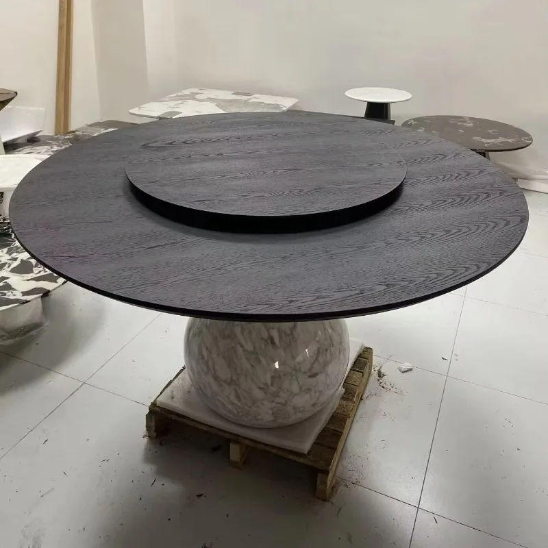 *Luxury Dining Table with Natural Marble and Wood Top, Round Dining Table Set Suitable for Kitchen, Dining Room and Hall.