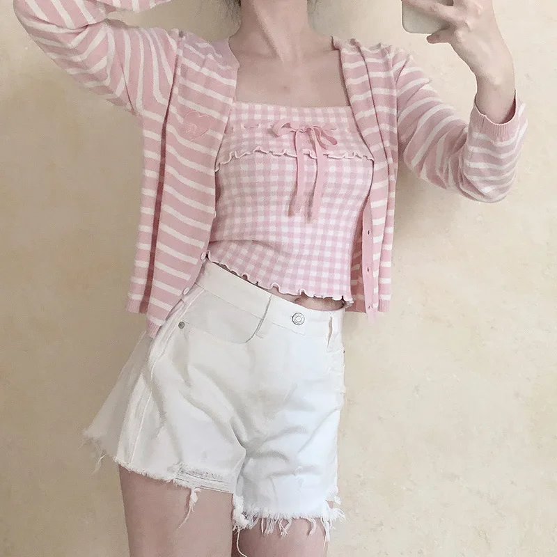 Cute Crop Top Women Summer Lace-up Plaid Tops for Sweet Girl Kawaii Clothes