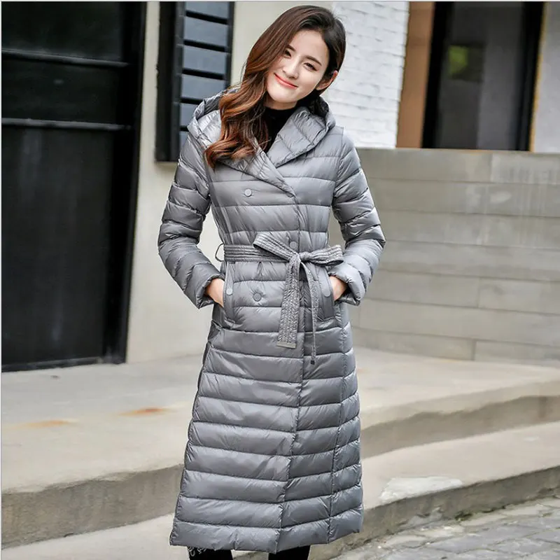 Imagem -05 - Inverno Feminino para Baixo Jaquetas Feminino com Capuz Quente Parkas Longo Estilo Senhoras Cabolsas Gravata Cinto Engrossar Outerwear Engrossar Blusão