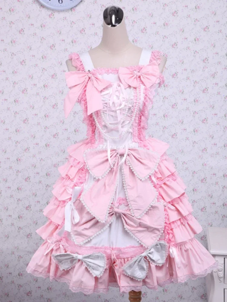 Sweet Pink Cotton Loltia Jumper Dress Bows Layers Ruffles Kawaii Dress  Plus Size Lolita  Pink Lolita Dress