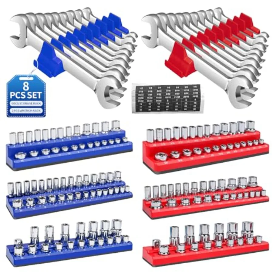 

Magnetic Socket Organizer Set, 8PCS Socket Holder with 6 Socket Trays and 2 Wrench Racks, Metric and SAE Tool Box Organizer 1/4