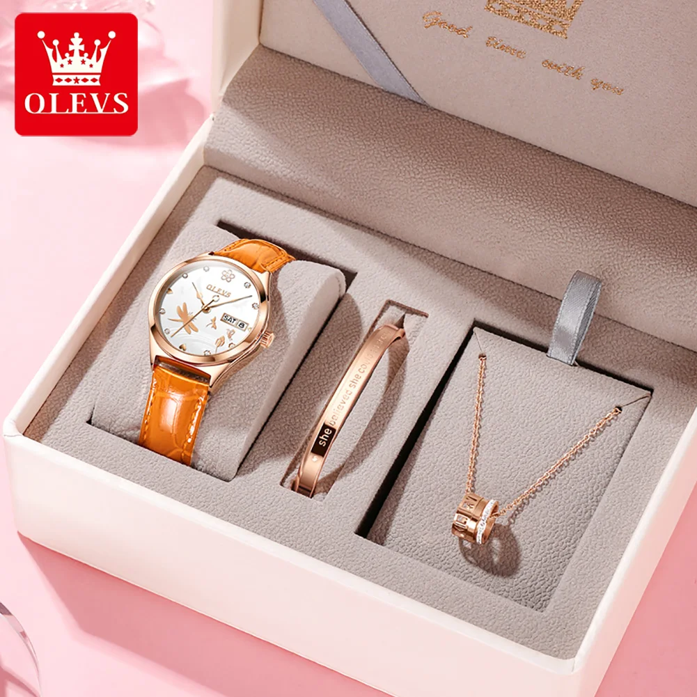 

3Pcs/Set OLEVS Bracelet Watch Women Mechanical Watches Luxury Dragonfly Automatic Movement Leather Strap Calendar Waterproof