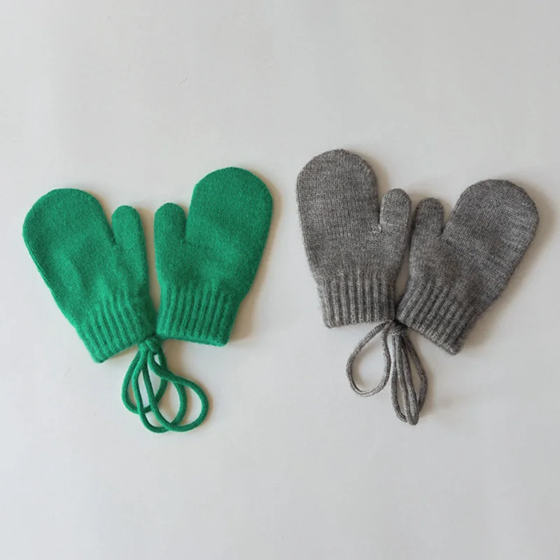 Candy Color Woolen Baby Gloves Winter Halter Mittens for Children Girl Boys Kintted Kids Mitten Warm Infant Accessories 2024 New