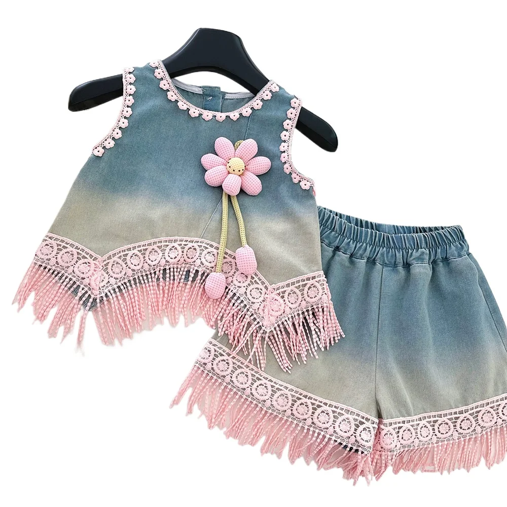 2Pcs 3D Flower Girls Outfit Set, bow backless sleeveless top with pants, stylish delicate summer clothes for little girls