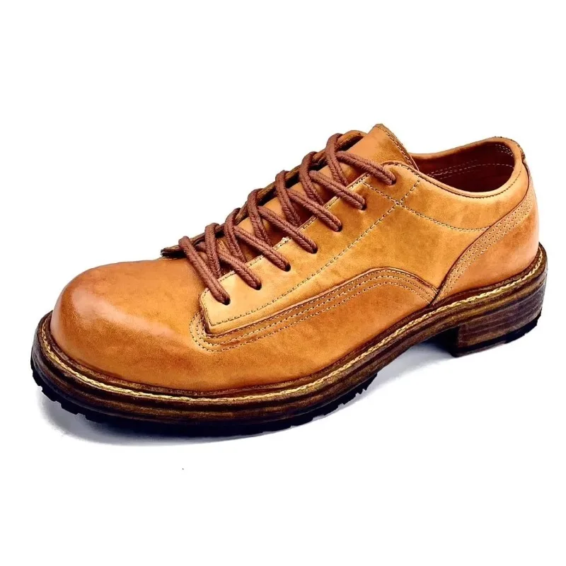

Handmade Men's Shoes Low Top Genuine Leather Casual American Retro Work Dress Leather Shoes Male Casual Thick Sole Business