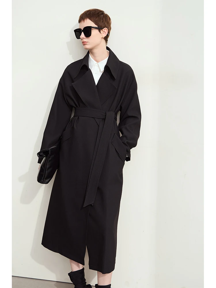 AMII Minimalist Lapel Collar Trench Coat for Women Classic Drop Shoulder Sleeve Belt 2024 Fall Ultra-loose Pleated Coat 12453076