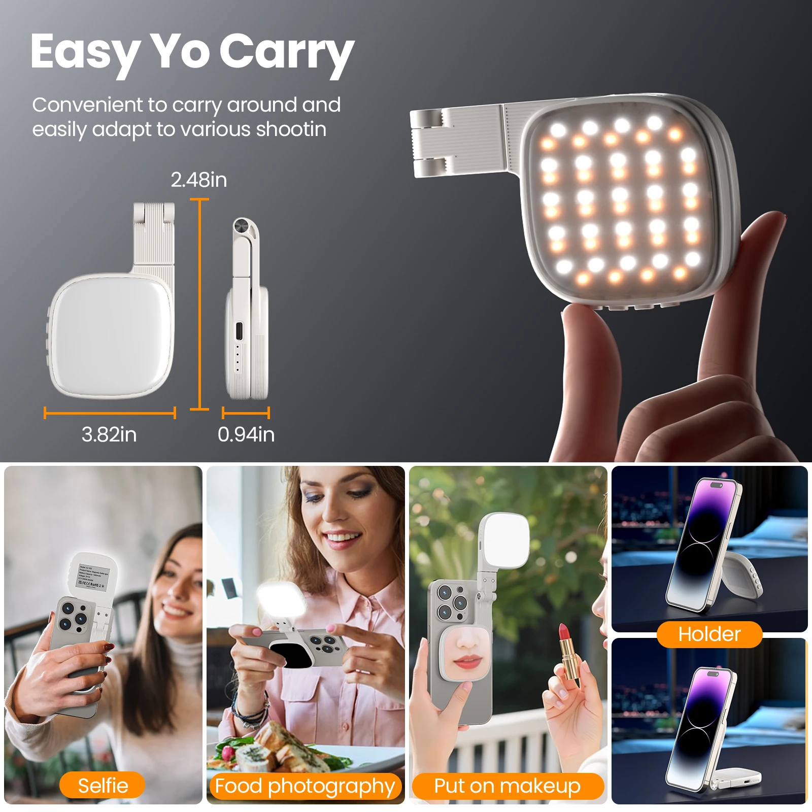 الهاتف المحمول المغناطيسي صورة شخصية ملء الضوء قابلة للشحن مرآة ماكياج صغيرة محمولة قابلة للطي جيب LED ضوء حامل هاتف المحمول