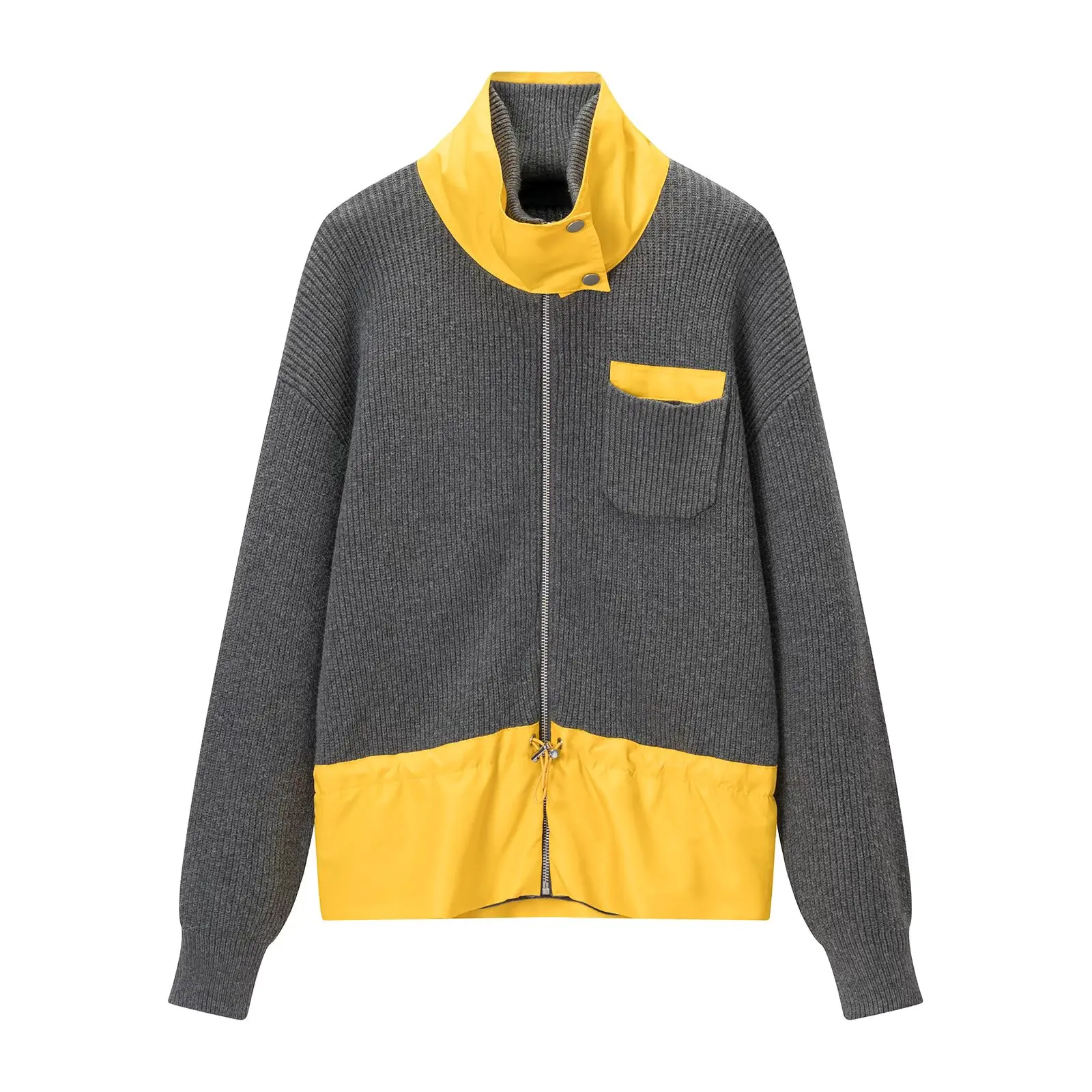 Guobioziy Holiday Casual Chic Women Knitted Cardigans Patchwork Stand Collar Pockets Tops Fashion 2026 Autumn Winter Sweatears