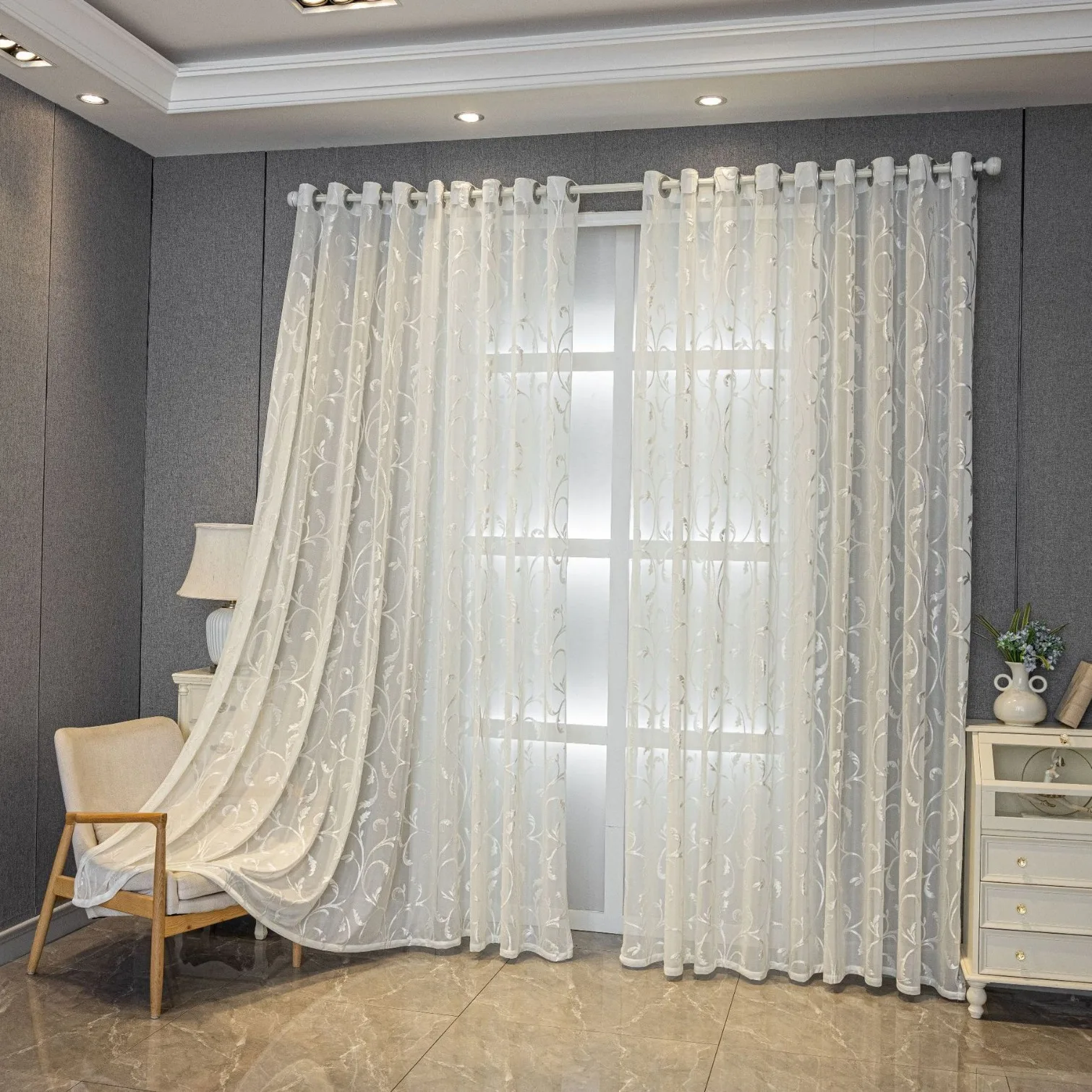 Jacquard Leaves Pastoral Transparent Tulle Curtains White Yarn Living Room Bedroom Balcony Light-transmitting Window Curtain