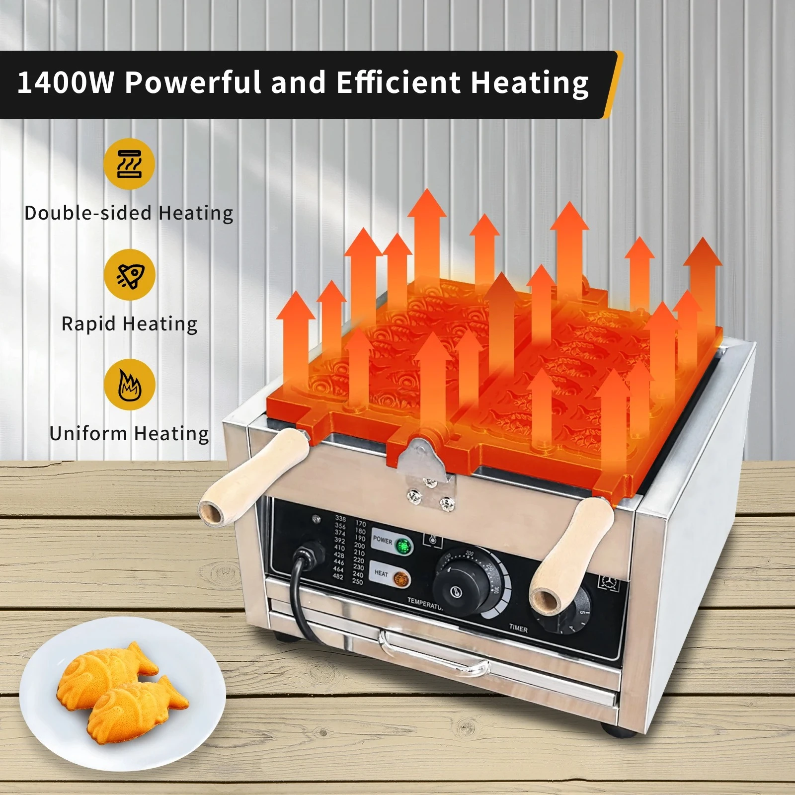 1400W Commercial Non-Stick Taiyaki Waffle Maker 14pcs Stainless Steel Fish Shaped Snack Machine