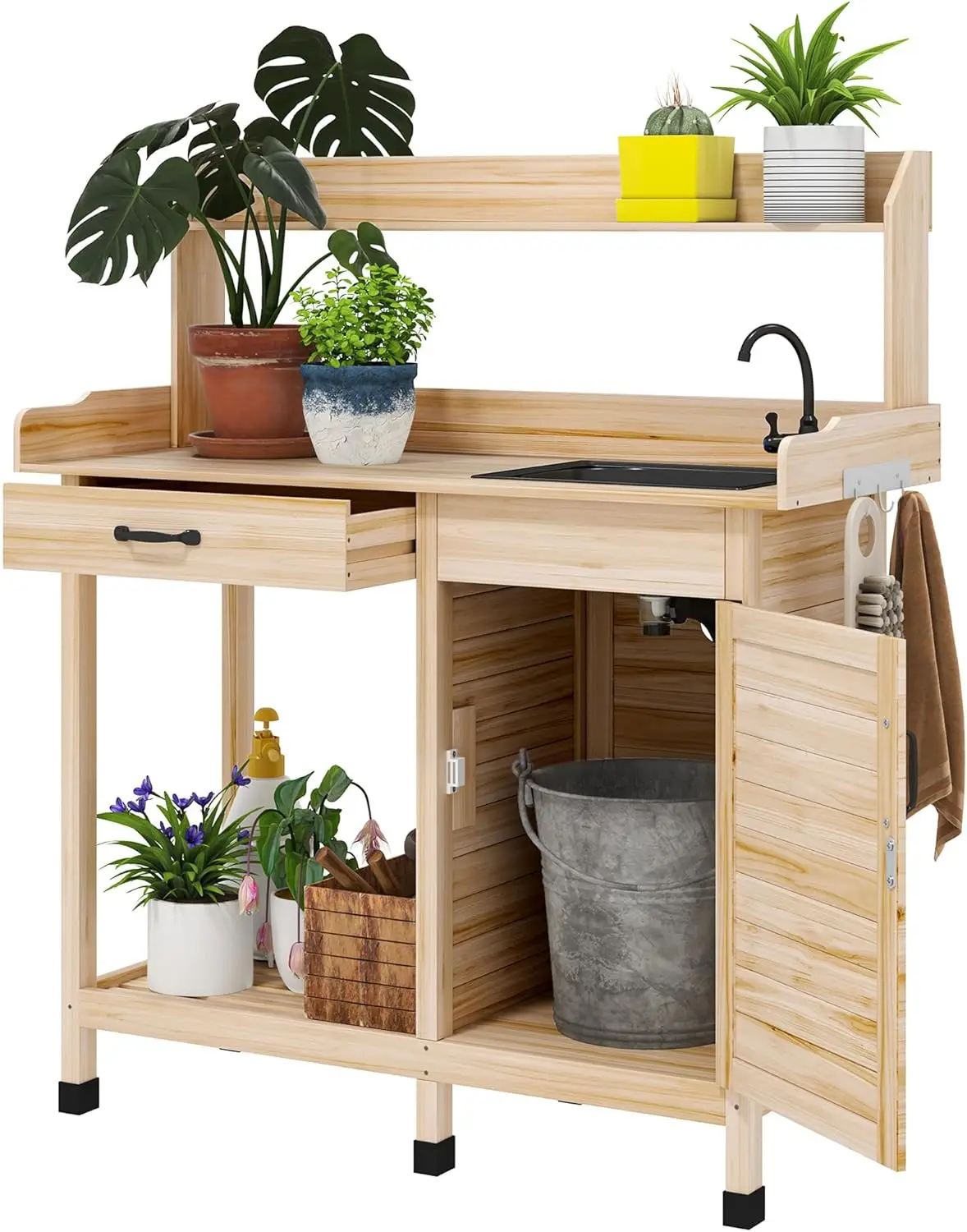 

Potting Bench Table with Sink, Outdoor Work Bench Table with Storage Cabinet, Hooks, Removable Sink, Faucet and Drawer for Gree