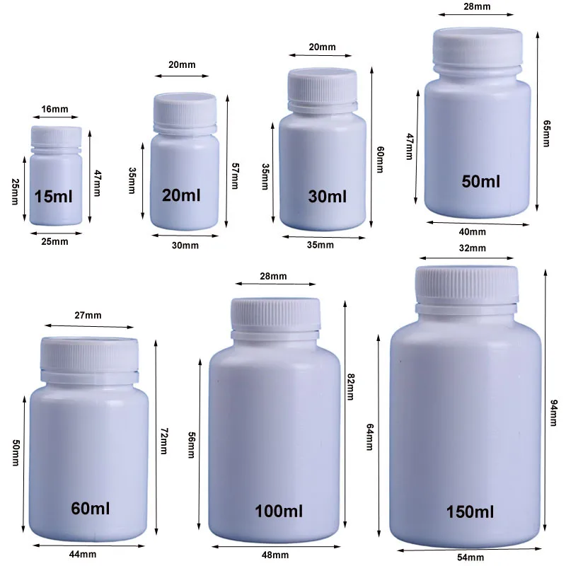 10PCS 15ml/20ml/30ml/60ml/100ml Plastic PE White Empty Seal Bottles Solid Powder Medicine Pill Vials Reagent Packing Containers