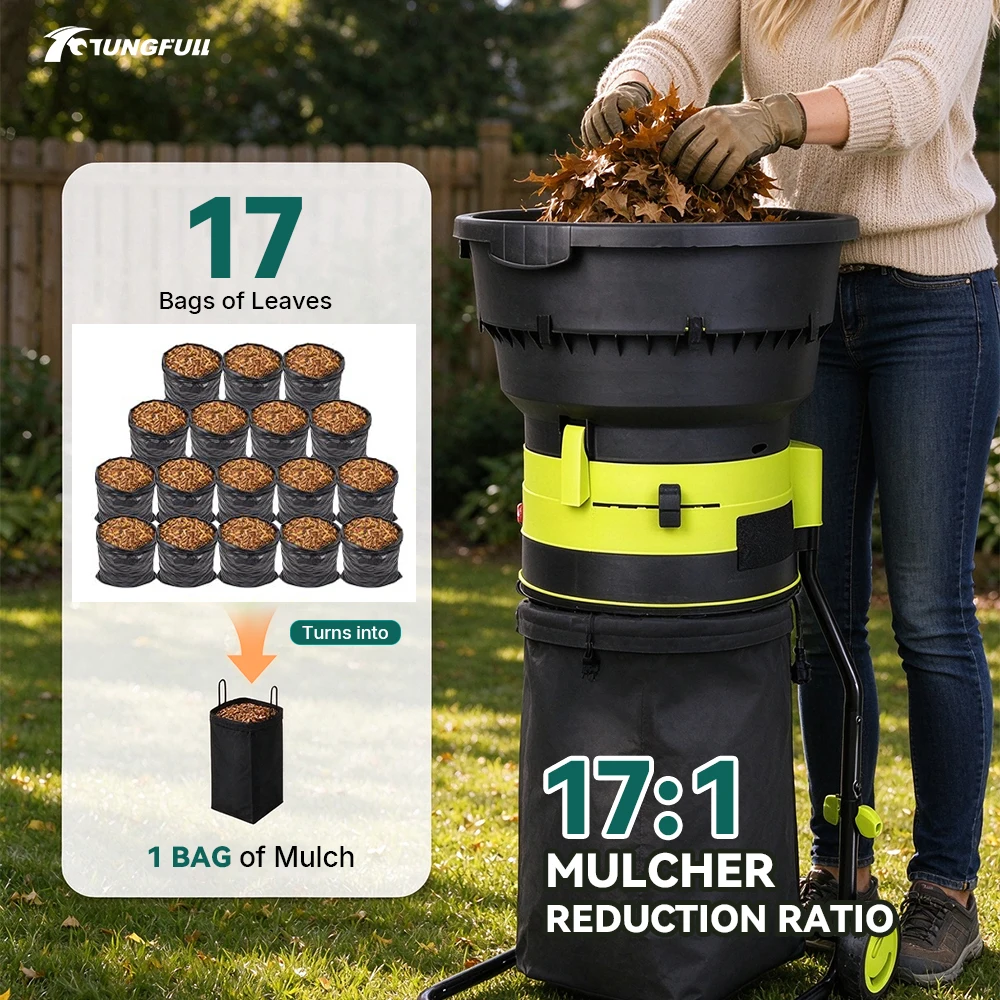 TUNGFULL Leaf Mulcher Electric Shredder Large Feed Hopper Adjustable Output Portable Wheels for Patio Fall Cleanup