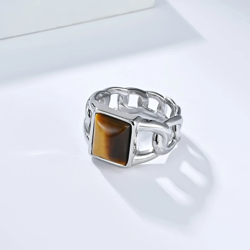 Kubanische Kette Tigerauge Stein Geometrische Ringe Titan Stahl Männlich Weiblich Personalisierte Hip Hop Mode Ring Schmuck – Detail 5
