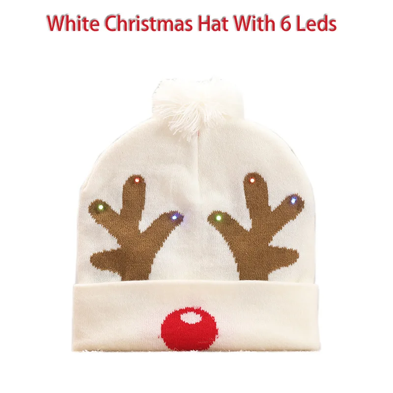 Cute White Elk Antlers Christmas Hat Light Up Color Flashing Led Winter Warm Knitted Beanie Christmas Gift For Xmas Party Decor