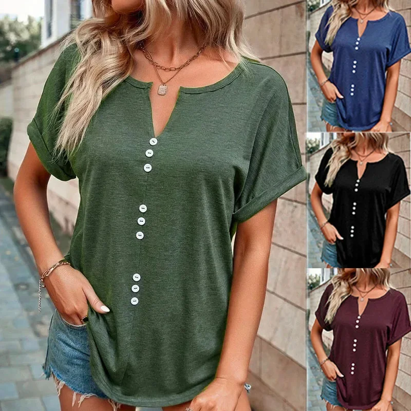 2025 New Europe And The United States Cross-border Spring And Summer Women's Explosion V-neck Buttons Short-sleeved Tops T-shirt