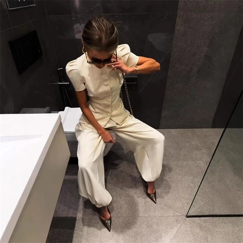 Elegant Satin Puff Sleeve Blouse For Women Round Neck Button Down Fitted Waist Asymmetric Hem Office & Formal Wear Tops