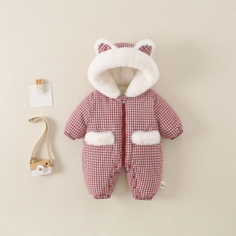 2026 Winter New Hot Selling Cute Ear Fur Collar Hooded Plaid Thickened Cotton Jumpsuit for Children