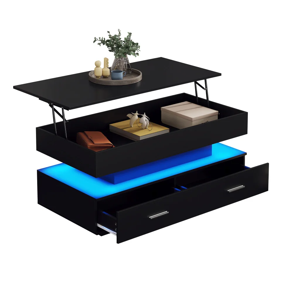 PINGGO Hydraulic Lift Top Coffee Table, LED Coffee Tables with Storage for Living Room, Coffee Table with 2 Drawers , Black