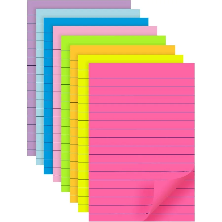 8 Pads of Lined Sticky Notes 4x6 in Post 8 Colors SelfStick Notes Pad with Bright and Colorful Big Rectangular Design for Offic