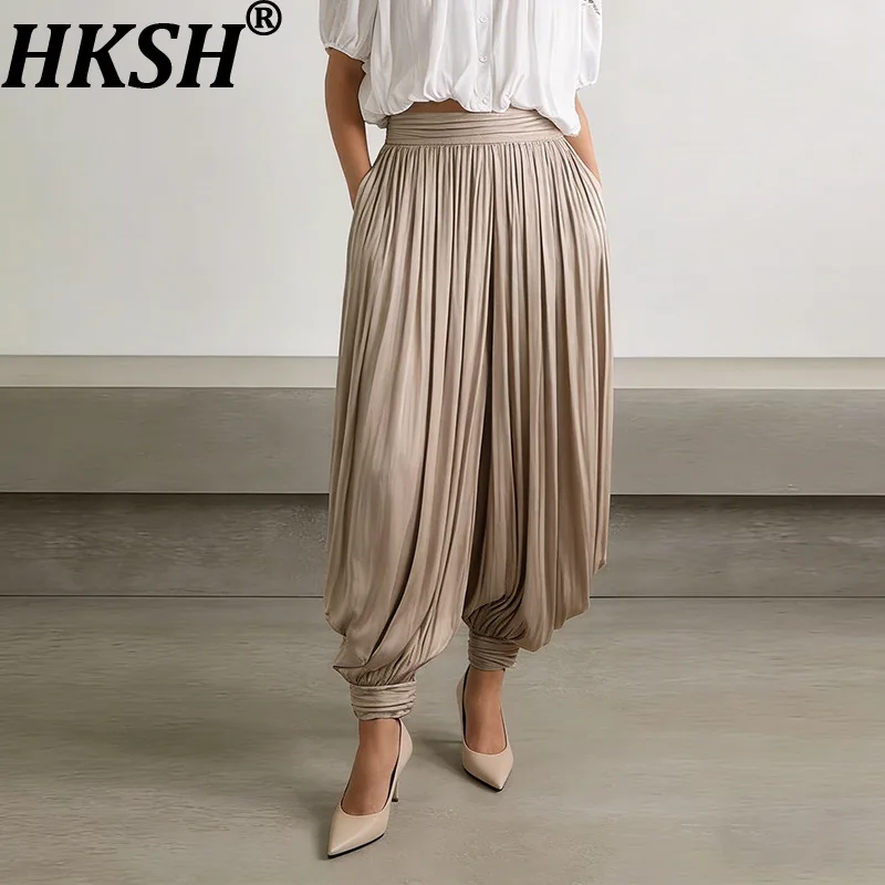HKSH Women Casual Cuffed Pants Pleated Solid Color Versatile Streetwear Elegant High-end Chic Bloomers New Spring Summer HK21626