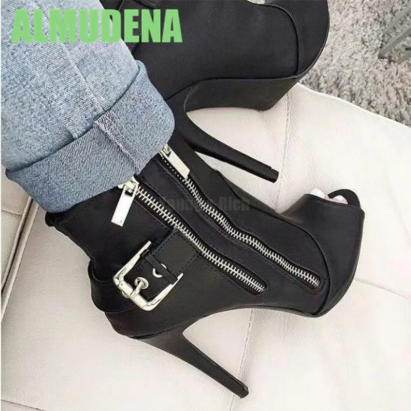 

Side Zipper Belt Buckle Short Boots Fashionable Fish Mouth Exposed Toe Slim High Heels Summer Ladies' Versatile Cool Boots