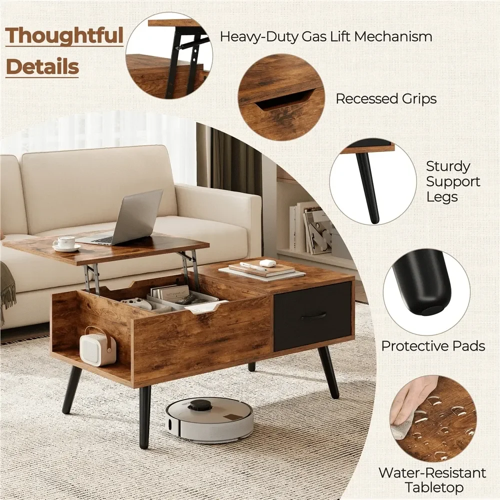 

1pc Industrial Lift Top Coffee Table With Storage, Height Adjustable Side Table With Shelves Drawer Hidden Compartment, End Tab