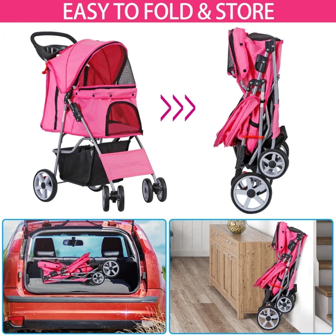 Dog Stroller 4-Wheels w/Storage Basket & Cup Holder Foldable Cat Pet Stroller - view 4