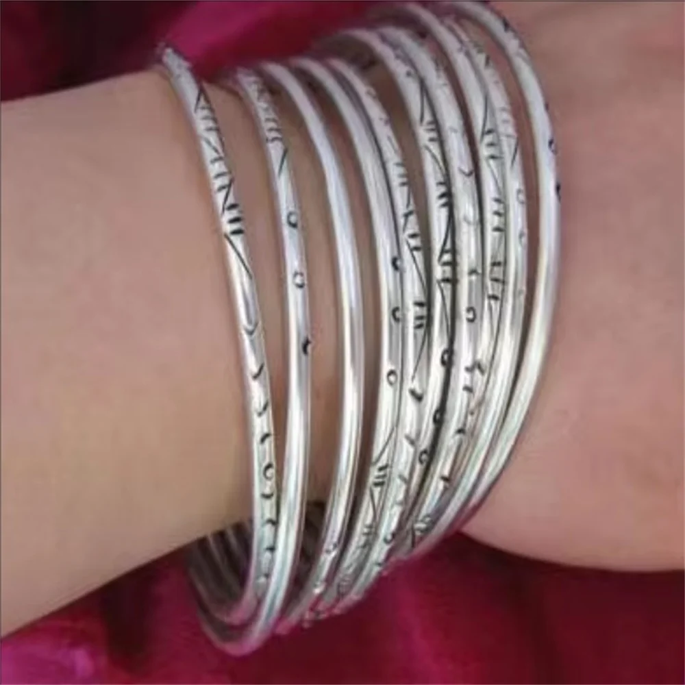 

10pc Ethnic style Guizhou Miao folk jewelry Handmade seedling silver bracelet Single circle engraved bracelet one price