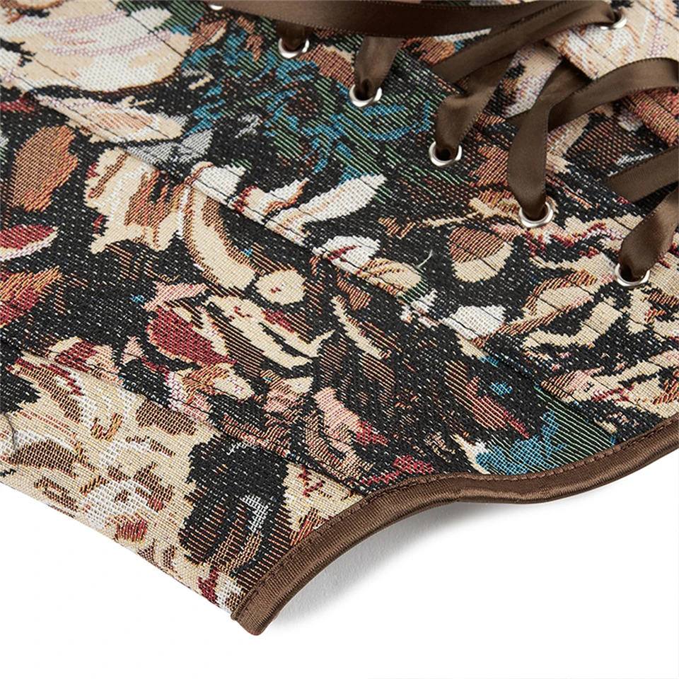 Becirzet Französisches Vintage Damenkorsett Bustier mit Blumenmuster, ärmelloses Schnür-Crop-Top, Taillenformer, Camisole – Detail 10