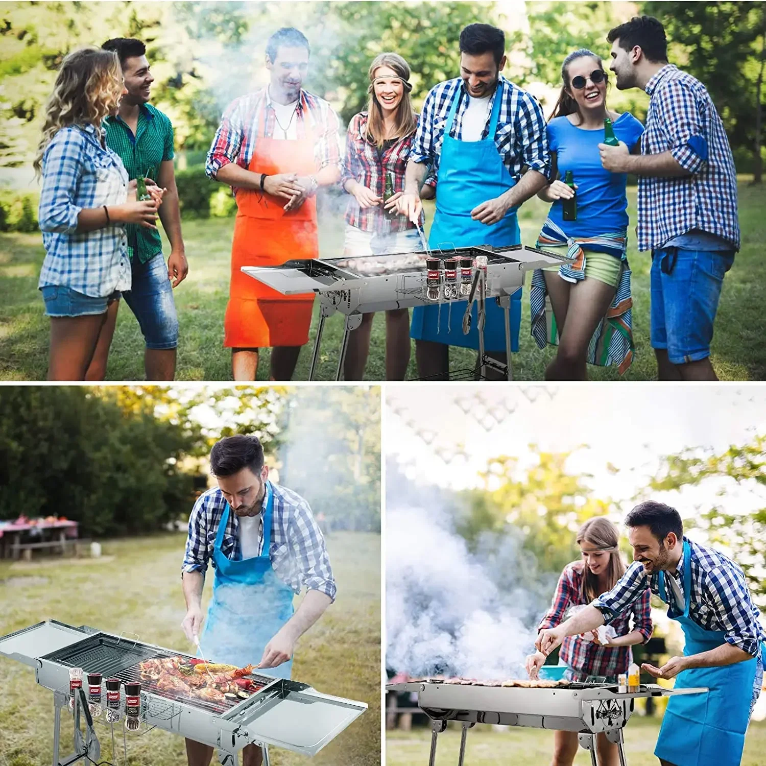 Obrázek 7: Dřevěné uhlí gril nerez ocel, přenosné kemping gril BBQ s dvojitý skládací křídla, nepřilnavý kotlík, nastavitelný ventilace