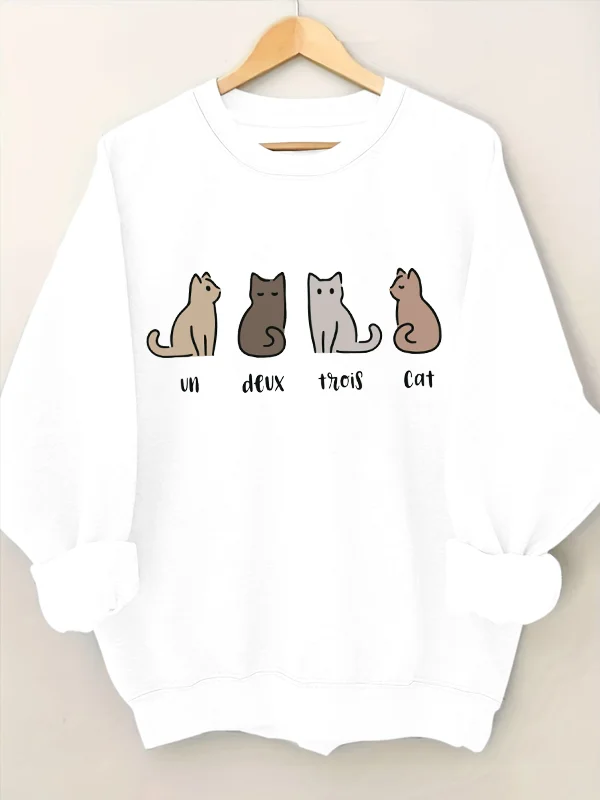 

Un Deux Trois Cat Slogan Women Sweatshirt Four Cute Stick Figures of Cats Print Female Sweater New Faddish Cat Lover Girl Tops