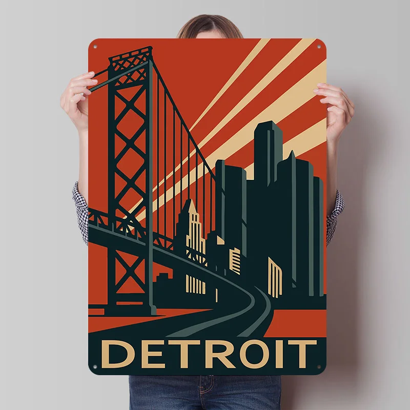 Detroit Vintage Travel Printed Poster Customized Retro Wall Art Vintage Metal Tin Signs for Home Bar Accessories Bathroom Decor