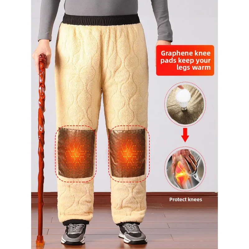 الشتاء الدافئ صوف مبطن السراويل كبار السن الرجال الحرارية سميكة السراويل الجد في الهواء الطلق الطقس البارد الملابس كبار الأب القطن