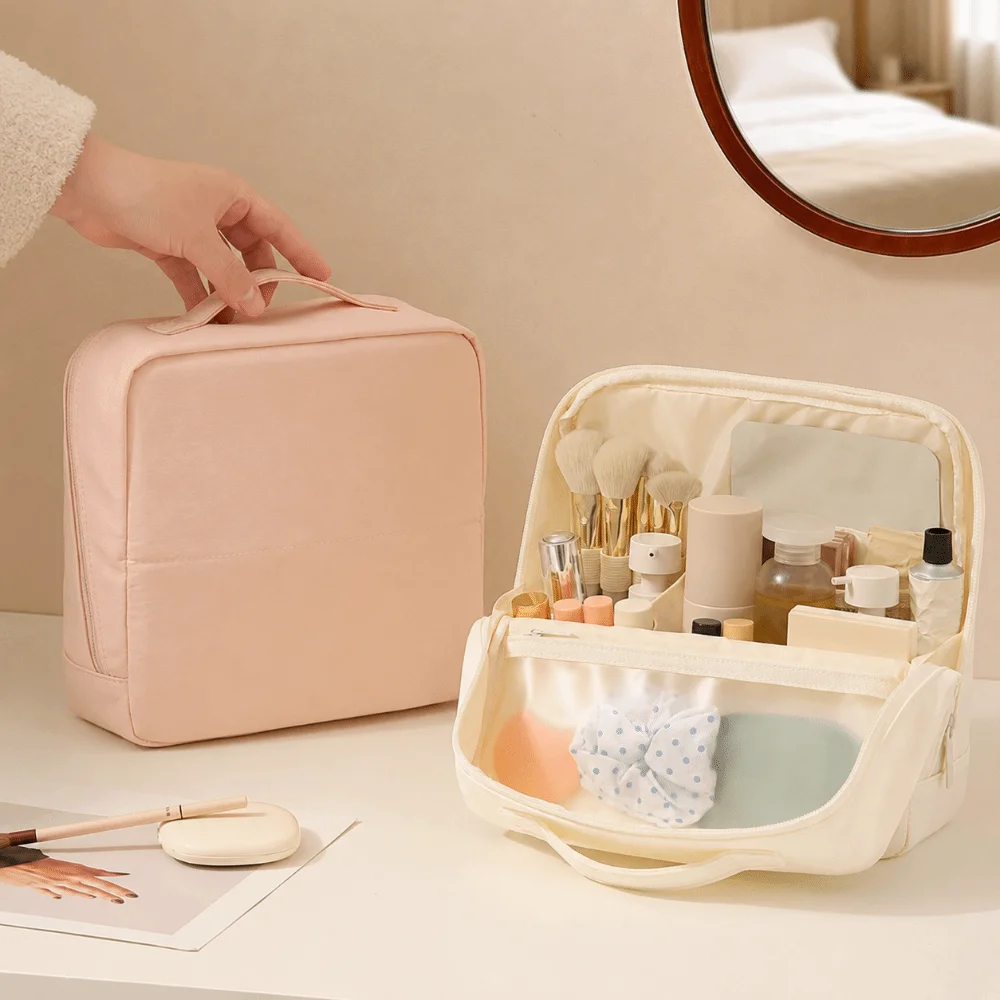 Durable Folding Standing Makeup Bag Large Capacity with Compartments Cosmetic Bag Waterproof Toiletry Bag Women Girls