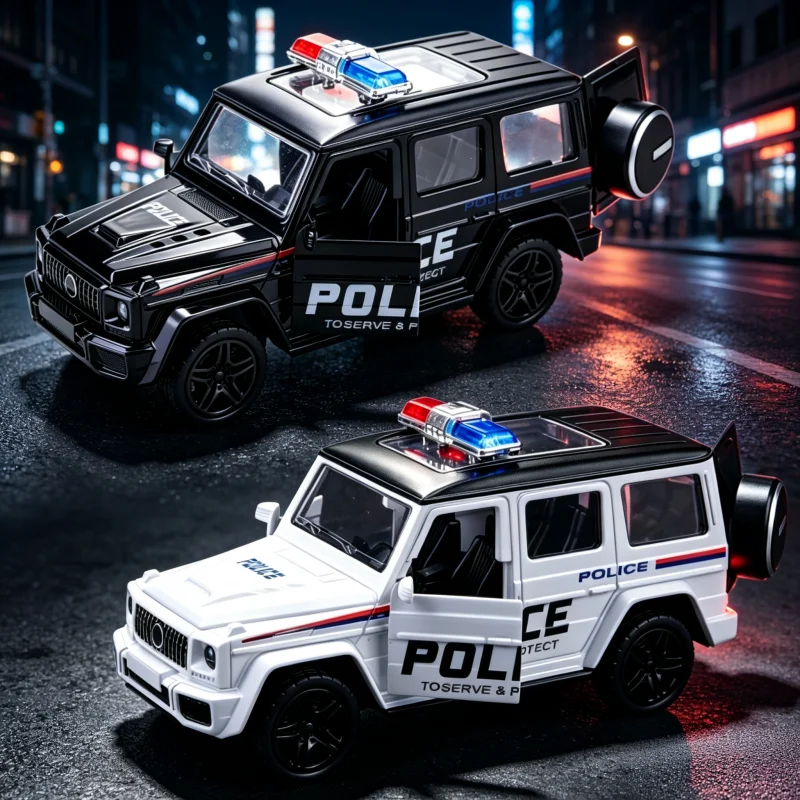 1/36 Scale Off-Road Police SUV Alloy Model Car, Retractable Patrol Toy Vehicle, Pull-Back Patrol Toy Car with Hinged Doors, Coll
