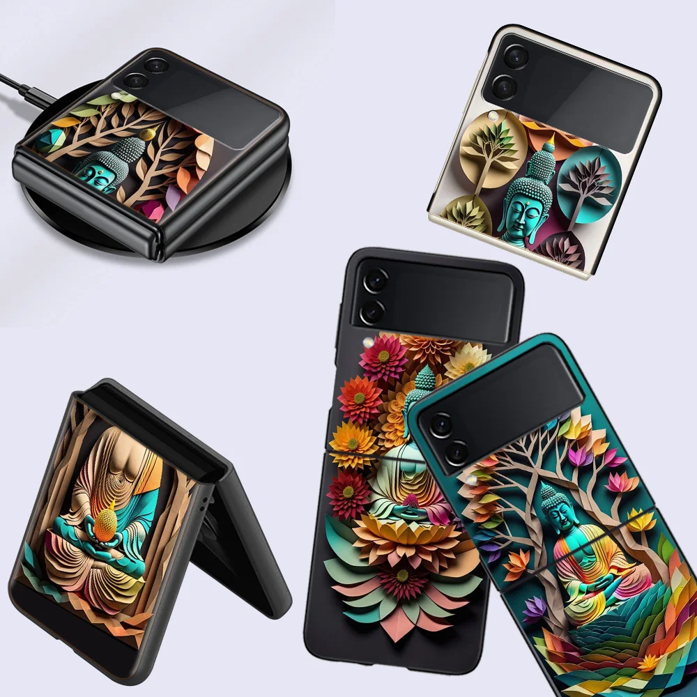 Origami Paper Cuttings Buddha Cell Phone Case For Samsung Galaxy Z Flip 5 5G Z Flip 6 5G 4 3 Black Coque Hard PC Luxury Cover