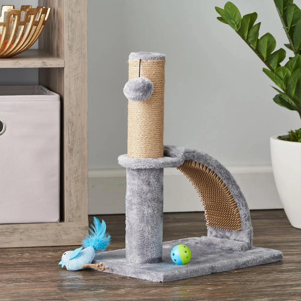 

17"Deluxe Jute Cat Scratching Post with Arch Grooming Massager, Gray, Pack of 1, Unique design with essential features